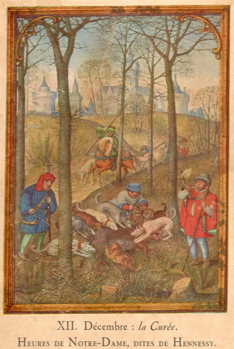 Buchmalerei aus einem Stundenbuch: Jäger mit Hunden in einem winterlichen Wald